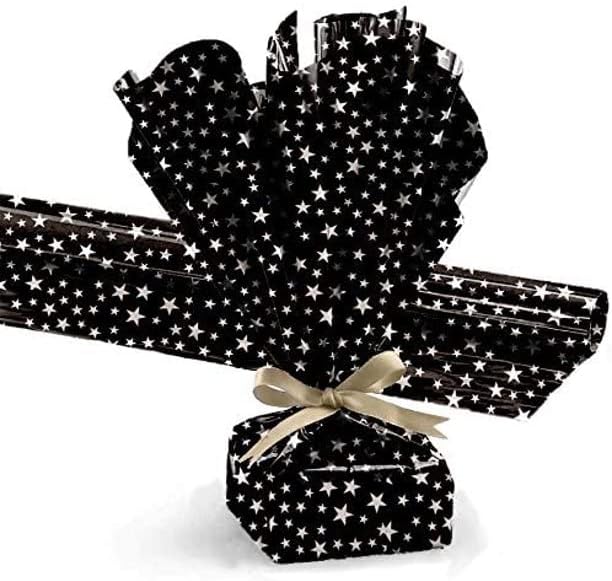 PMU Gift Wrap Mylar Roll Metallic Black with Silver Mini Stars 2-sided, 30 Inches X 25 Ft Roll 1.4 Mil Highly Reflective Mylar Film, Great for Gifts, Birthdays, Christmas, Baskets, Arts & Crafts