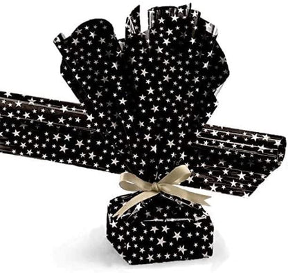 PMU Gift Wrap Mylar Roll Metallic Black with Silver Mini Stars 2-sided, 30 Inches X 25 Ft Roll 1.4 Mil Highly Reflective Mylar Film, Great for Gifts, Birthdays, Christmas, Baskets, Arts & Crafts
