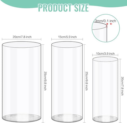 Olrla Acrylic Cylinder Vase 3 Pieces Set, Height 7.87‘’ and 9.8'' Shatter-Proof Plastic Cylindrical Flower Vases for Wedding Centerpieces, Home Office Decorations