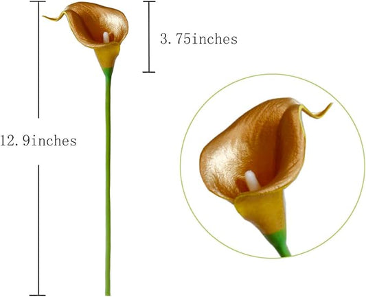 DuHouse 20Pcs Artificial Calla Lily Flower Real Touch Latex Flowers for DIY Wedding Bouquet Party Home Decor (18k Gold)