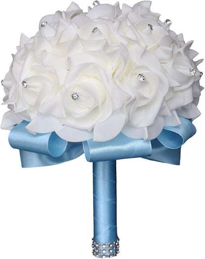 Wedding Bouquet, Blue Bouquet for Bride Bridesmaid with Diamond Soft Ribbons, Artificial Rose Bridal Holding Flowers for Party Church