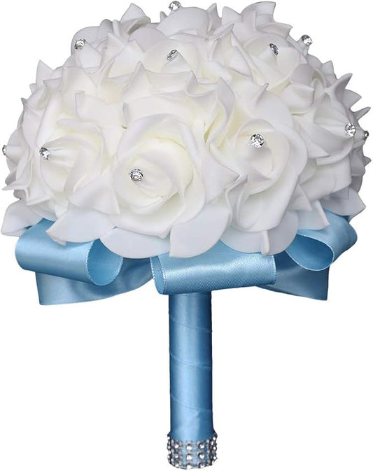 Wedding Bouquet, Blue Bouquet for Bride Bridesmaid with Diamond Soft Ribbons, Artificial Rose Bridal Holding Flowers for Party Church