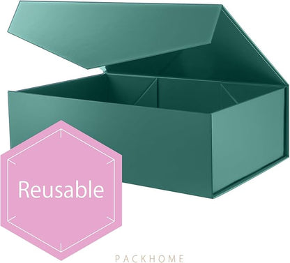 PACKHOME 6 Large Christmas Gift Boxes with Lids 13.5x9x4.1 Inches, Sturdy Collapsible Gift Boxes with Magnetic Closure for Xmas (Glossy Dark Green)