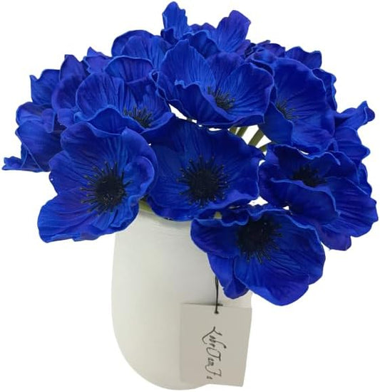 14Pcs Real Touch Anemone Poppy Bouquet for Artificial Flower Decor Kitchen Table Centerpiece Vase Home Greenery Wedding Holding Flowers Backdrop Arch Wall (Deep Blue)