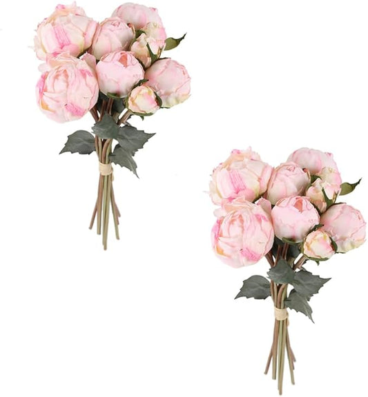Pink Peonies Artificial Flowers 2 Bouquets Vintage Peonies 18pcs Pink Flowers Artificial for Wedding Decoration Bride Bouquet Faux Crafts Floral Arrangement
