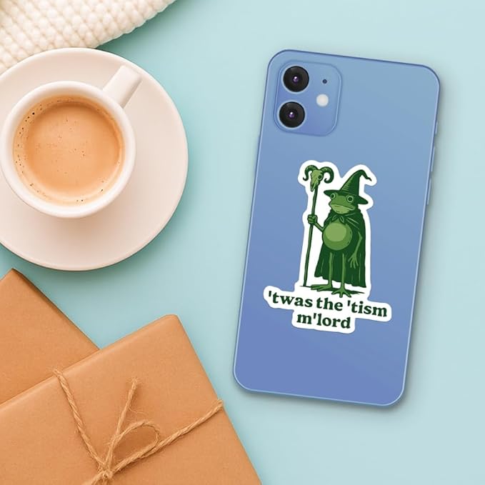 HANDICHI Design 5-Pack 4 Inch ’TWAS The ’Tism M’Lord Stickers – Funny Wizard Frog Meme Vinyl Decals – Neurodivergent Stickers Pack for Laptops, Water Bottles, Journals and Scrapbooks