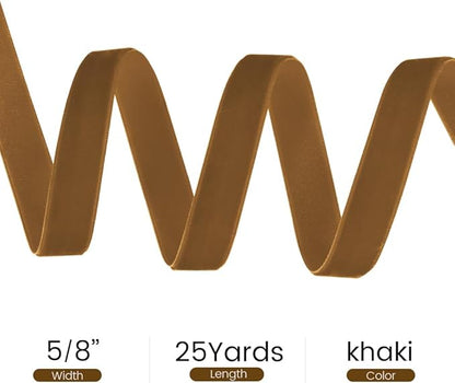 5/8" Wide x 25 Yards Velvet Ribbon, Vintage Single Face Velvet Ribbons for Gift Wrapping, Christmas Wrapping Bows, Wedding Decor, Sewing and More (Khaki)