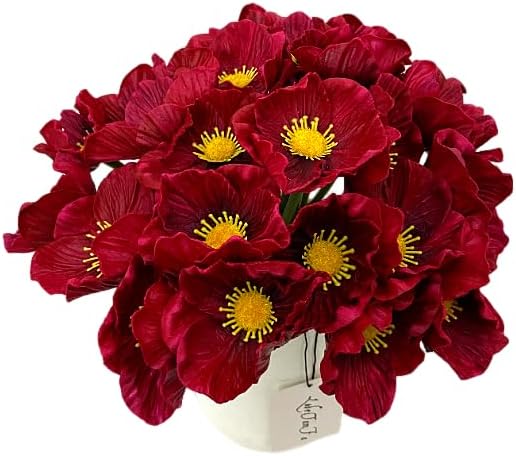 14Pcs Real Touch Anemone Poppy Bouquet for Artificial Flower Decor Kitchen Table Centerpiece Vase Home Greenery Wedding Holding Flowers Backdrop Arch Wall (Wine Red)