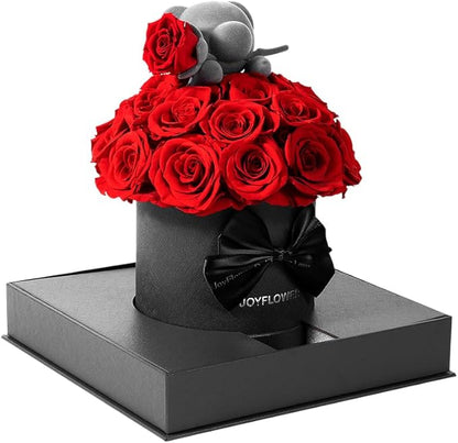 JoyFlower Preserved Real Rose in Acrylic Box, Forever Flowers Red Rose Bear Gift for Women Wife Girlfriend Mom Grandma, Eternal Rose Gifts for Birthday, Anniversary, Christmas, Valentines Mothers Day