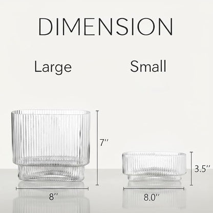Short Glass Vases, Set of 2 Clear Glass Vases for Tulips, Ribbed Vase for Flowers, Modern Small Vase for Living Room, Dining Room, Bathroom, Desk, Shelf, Wedding, Office