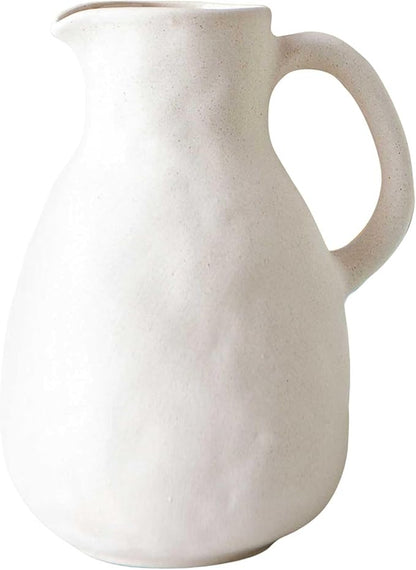 Off White Ceramic Vase with Handle, Pitcher Vases for Modern Farmhouse Home Decor, Small Pottery Flower Jug for Living Room Bedroom Kitchen Office Shelf Decor Centerpiece Table Decoration