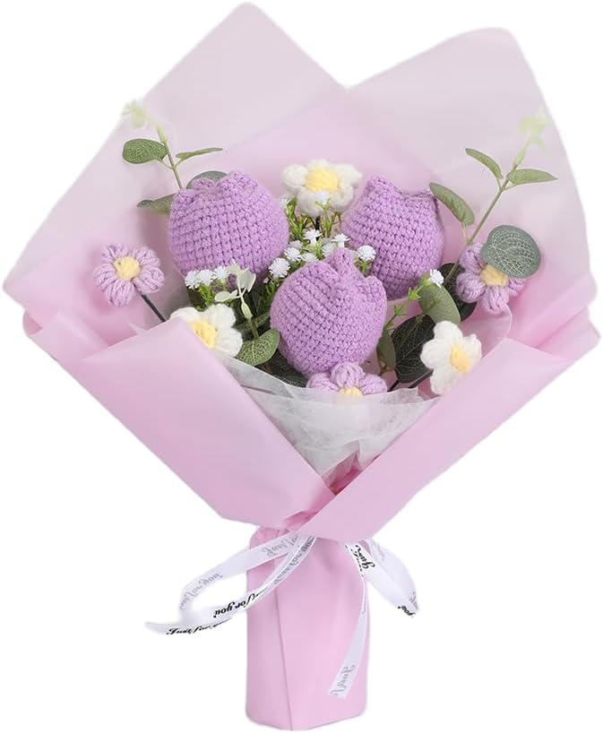 Chordobe Crochet Flower Tulip Bouquet: Handmade Artificial Flower Knitted Sunflower Bouquet for Festival Wedding Graduation Anniversary (Purple)