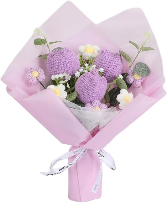 Chordobe Crochet Flower Tulip Bouquet: Handmade Artificial Flower Knitted Sunflower Bouquet for Festival Wedding Graduation Anniversary (Purple)