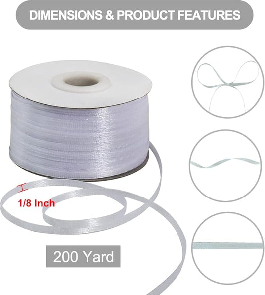 TONIFUL 1/8 Inch x 200 Yards White Thin Solid Satin Ribbon Giant Spool Double Face Ribbons for Crafts Hanging Tags Invitation Card Balloons Bouquet Hair Gift Wrapping Party Decoration