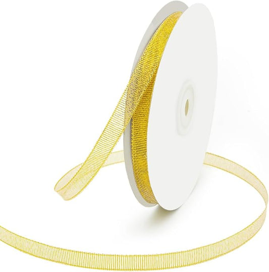 KMER LIFE 3/8 inch x 50 Yards Glitter Gold Ribbon, Sparkly Metallic Fabric Ribbons for Gifts Wrapping, Sewing, Party Decoration and DIY Crafts