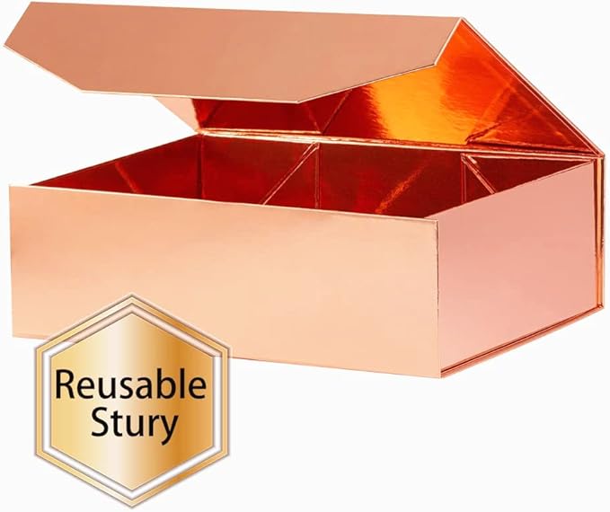 5 Rose Gold Large Gift Boxes with Lid 13x9x4 Inches, Bridesmaid Proposal Boxes, Hard Collapsible Gift Box with Magnetic Closure, Groomsman Box Reusable Gift Box for Cloth (Glossy Rose Gold)