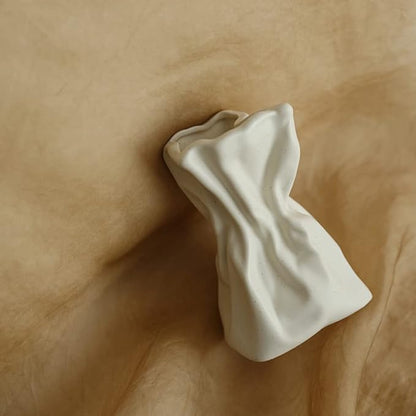 Grab Paper Bag Ceramic Vase, Crinkle Paper Bag Design for Flower Arrangement, Living Room, Dinner Table Decoration Matte Crème