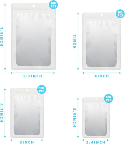 400 Pack 4 Size Bags with Clear Window,Scratch Resistant Hand Holographic Packaging Pouch,Resealable Bag for Small Bussiness Cookies Jewelry Candy Sample (White, 2.4×3.9,3x4.7,4×7,5.5×7.9 inch)