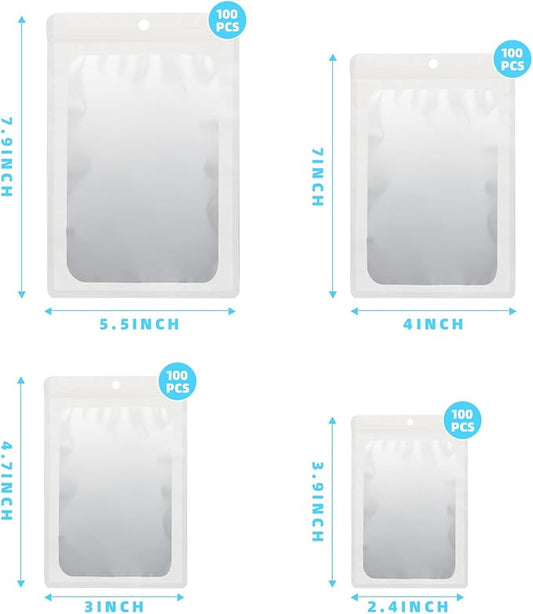 400 Pack 4 Size Bags with Clear Window,Scratch Resistant Hand Holographic Packaging Pouch,Resealable Bag for Small Bussiness Cookies Jewelry Candy Sample (White, 2.4×3.9,3x4.7,4×7,5.5×7.9 inch)