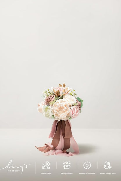 Ling's moment Wedding Artificial Flowers Package, Bridal Bouquet, Bridesmaid Bouquets, Boutonniere for Men, Rose Petals.Dusty Rose Cream