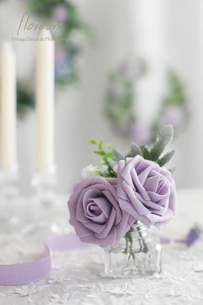 Floroom Artificial Flowers 25pcs Real Looking Lavender Purple Ombre Colors Foam Fake Roses with Stems for DIY Wedding Bouquets Bridal Shower Floral Centerpieces Party Tables Home Decorations