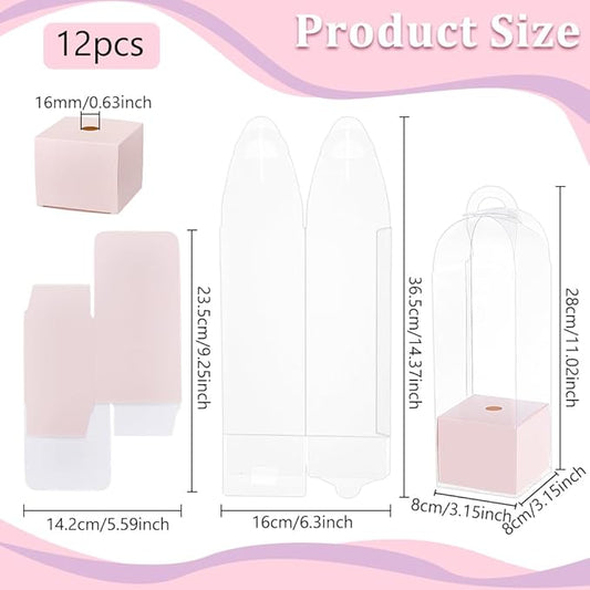 BENECREAT 12Pcs Single Rose Flower Box Empty Bag, Clear Flower Packing Boxes Flower Gift Boxes for Graduation Wedding Birthday Floral Gift Floral Arrangement Supply, Pink