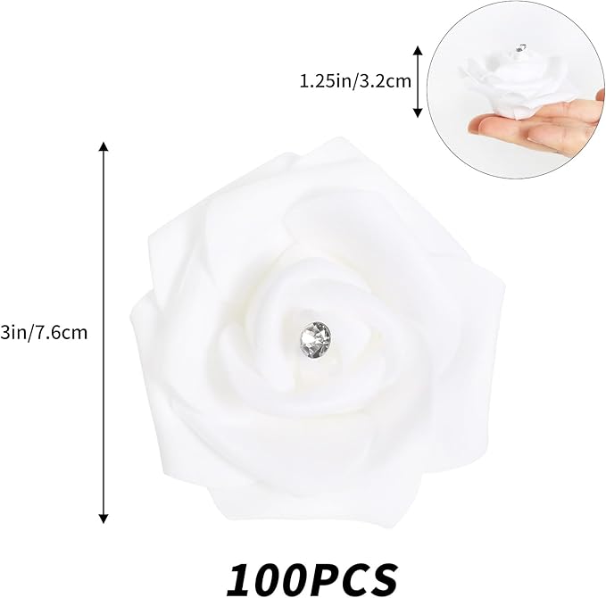 IPOPU 100PCS White Rose Artificial Flower Heads, 3in Real Looking Stemless Foam Roses Fake Flowers Bulk with Crystal for DIY Craft Wedding Bouquets Arrangements Party Home Decorations(White)