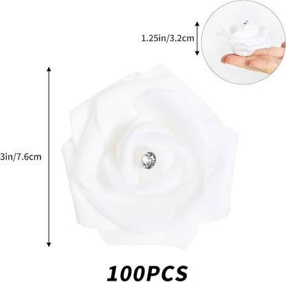 IPOPU 100PCS White Rose Artificial Flower Heads, 3in Real Looking Stemless Foam Roses Fake Flowers Bulk with Crystal for DIY Craft Wedding Bouquets Arrangements Party Home Decorations(White)