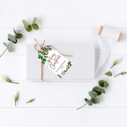 Andaz Press Personalized Christmas Holiday Season Classic Gift Tags, Merry Christmas Custom Family Name and Year, Holly Greenery Leaves Design, for Holiday Events, Parties, and Favors, 60-Pack