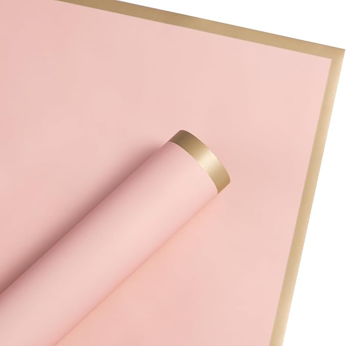 WRAPAHOLIC 20 Sheets Flower Wrapping Paper - 22.4 x 22.4 inch Dusty Pink with Gold Edge Water-Resistant Floral Bouquet Wrapping Paper, Florist Supplies Packaging Paper for Wedding Birthday Gift DIY