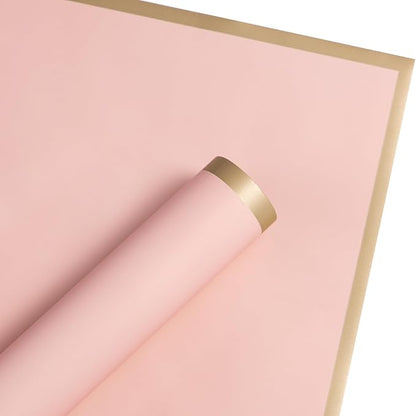 WRAPAHOLIC 20 Sheets Flower Wrapping Paper - 22.4 x 22.4 inch Dusty Pink with Gold Edge Water-Resistant Floral Bouquet Wrapping Paper, Florist Supplies Packaging Paper for Wedding Birthday Gift DIY