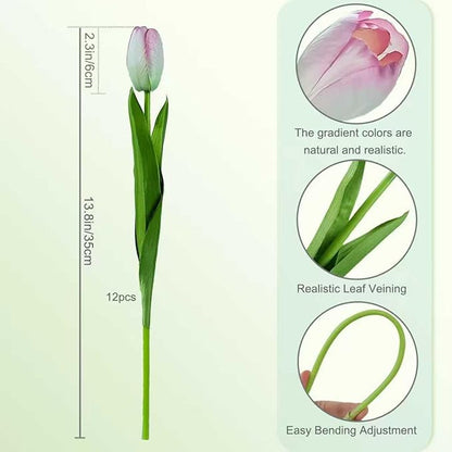 12pcs Pink Artificial Tulips, Real Touch Silk Faux Flowers, 13.8 Inch Stems, for Wedding Home Decor, Mother's Day Easter Gifts, Table Centerpiece Bouquets Arrangements