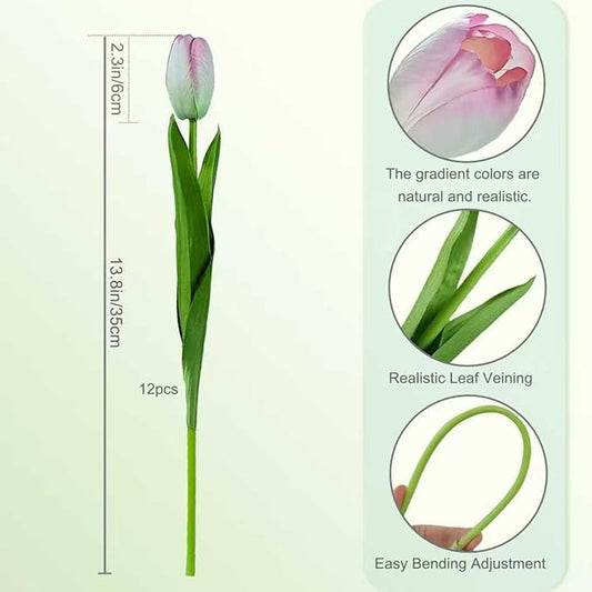 12pcs Pink Artificial Tulips, Real Touch Silk Faux Flowers, 13.8 Inch Stems, for Wedding Home Decor, Mother's Day Easter Gifts, Table Centerpiece Bouquets Arrangements
