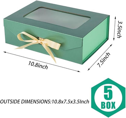 5 Pcs Green Gift Box for Presents with Ribbon 10.8x7.5x3.5 Inches Clear Gift Box with Window Magnetic Closure Gift Boxes with Lids