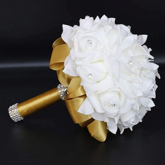 Wedding Bouquet, Gold Bouquet for Bride Bridesmaid with Diamond Soft Ribbons, Artificial Rose Bridal Holding Flowers for Party Church