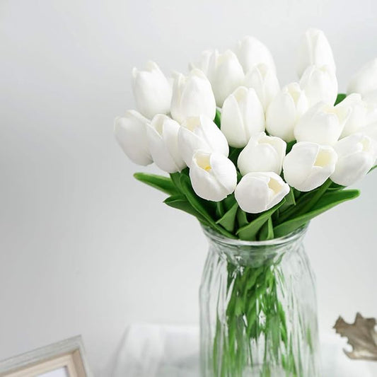 IPOPU 24PCS White Tulips Artificial Flowers Real Touch Tulips Flowers White Fake Tulips Flowers for Home Table Decoration Wedding Bouquet Party Baby Shower Centerpieces Bridal Bouquet Decor (White)