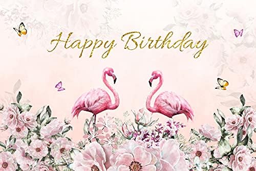 Renaiss 5x3ft Happy Birthday Backdrop Pink Flamingo Theme Birthday Party Photography Background for Girls Daughter Flower Butterfly Cake Table Banner Decor Studio Portrait Pink Photo Props