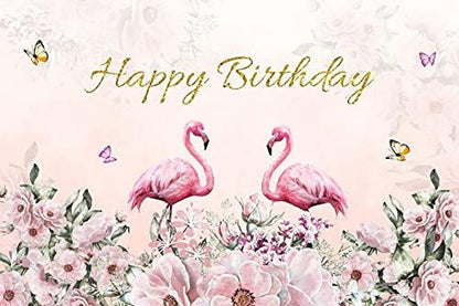 Renaiss 6x4ft Happy Birthday Backdrop Pink Flamingo Theme Birthday Party Photography Background for Girls Daughter Flower Butterfly Cake Table Banner Decor Studio Portrait Pink Photo Props