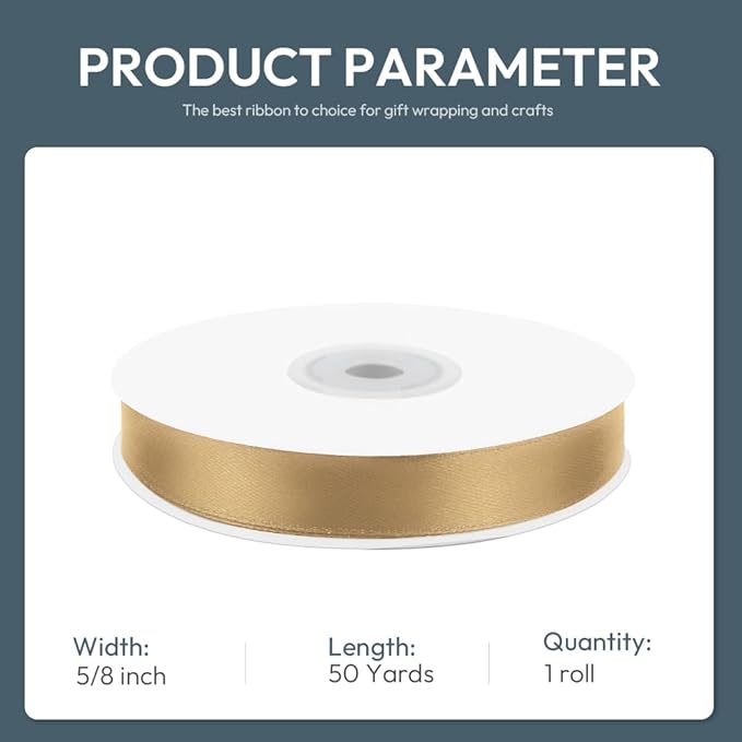 5/8" Wide x 50 Yards Polyester Satin Ribbon - Single Faced Champagne Gold, Perfect for Wedding Decor, Wreath, Crafts & Gift Wrapping