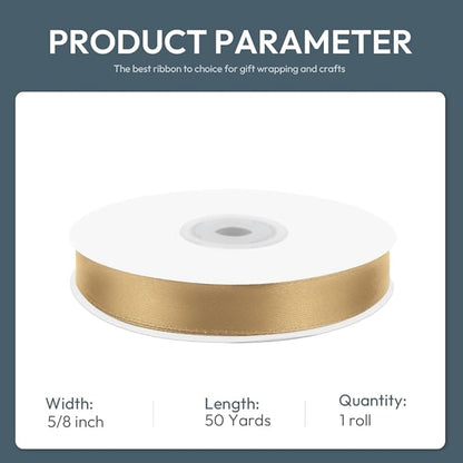 5/8" Wide x 50 Yards Polyester Satin Ribbon - Single Faced Champagne Gold, Perfect for Wedding Decor, Wreath, Crafts & Gift Wrapping