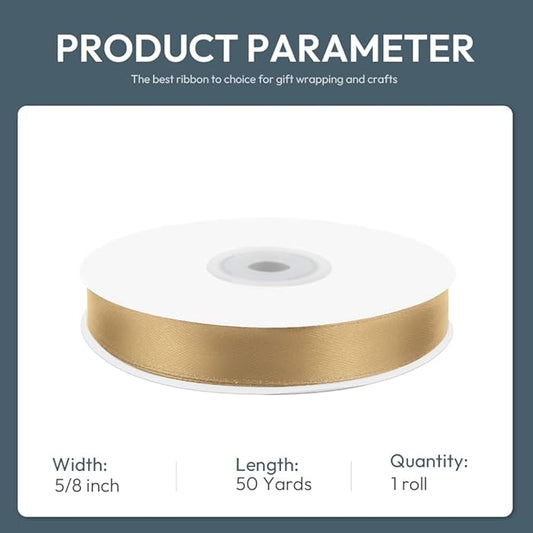 5/8" Wide x 50 Yards Polyester Satin Ribbon - Single Faced Champagne Gold, Perfect for Wedding Decor, Wreath, Crafts & Gift Wrapping