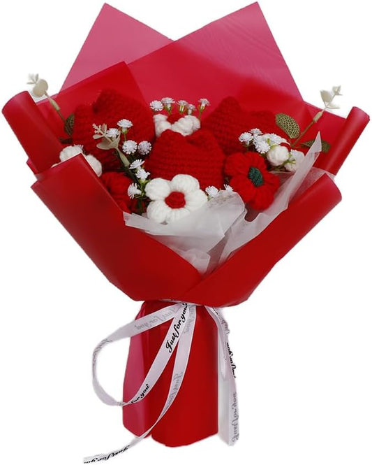 Crochet Flower Tulip Bouquet: Handmade Artificial Flower Knitted Sunflower Bouquet for Festival Wedding Graduation Anniversary (Red)
