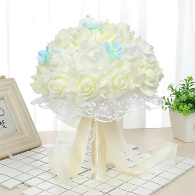 IPOPU Artificial Rose Flower Heads, 100 Pcs Real Looking Creamy Yellow Foam Fake Roses for DIY Wedding Baby Shower Centerpieces Arrangements Party Tables Home Decorations (Cream Yellow, Stemless)