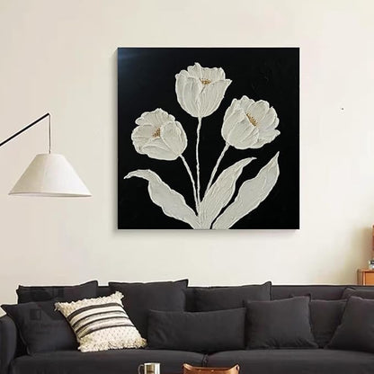 YaSheng Art-Wall Art for Living Room 100% Hand-Painted Flower Oil Painting On Canvas Black and White Thick Texture Minimalist modern Art Gallery Wrapped Framed Floral tulip Blossom Artwork for Home Bedroom 24x24inch