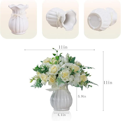 LESING Artificial Rose Silk Hydrangea Flowers Bouquets with Vase Rustic Fake Flowers for Home Decoration Table Centerpiece (White)