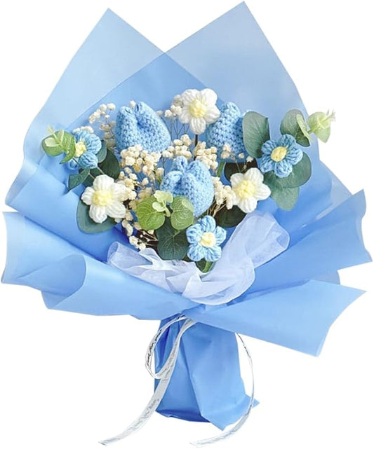 Crochet Flower Tulip Bouquet: Handmade Artificial Flower Knitted Sunflower Bouquet for Festival Wedding Graduation Anniversary (Blue)