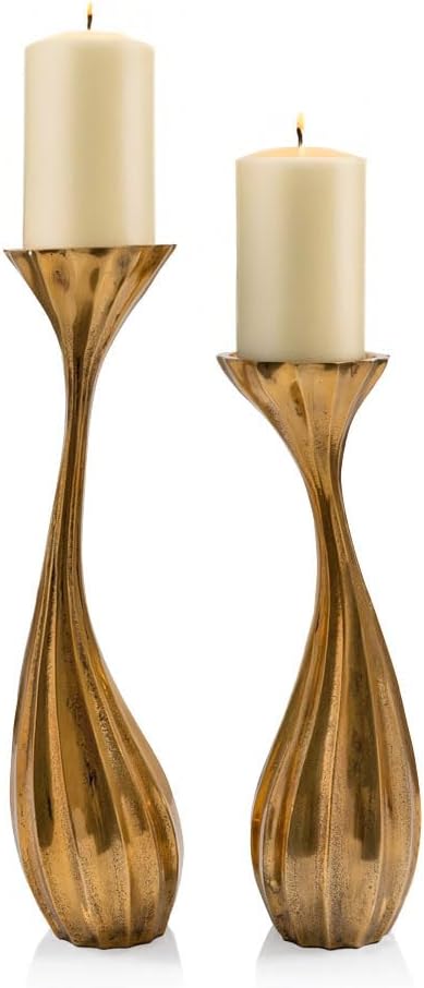 Modern Day Accents 4111 Tulipan Wavy Pillar Candleholders, Set of 2, Gold Candlestick Holders, Pillar Candles, Decorative Candle Holders for Home and Room Decor, 16.5" and 14" H