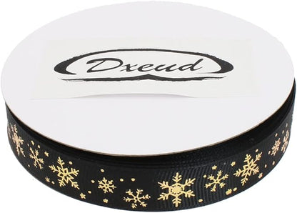 Gold Printing Snowflake Grosgrain Ribbon 25 Yard Each Roll 100% Polyester Woven Edge (5/8", Black)