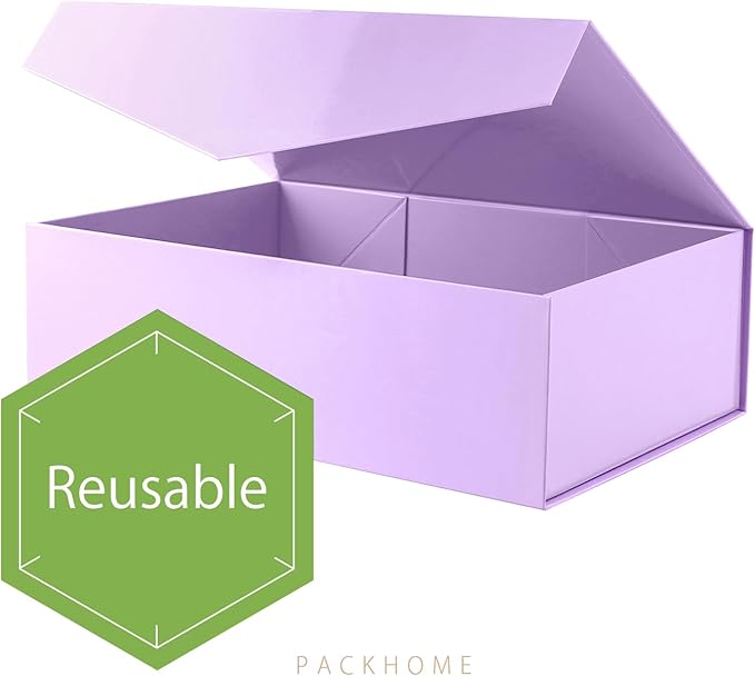 PACKHOME Large Gift Box with Lid 13.5x9x4.1 Inches, Sturdy Collapsible Gift Box with Magnetic Closure (Glossy Light Purple)