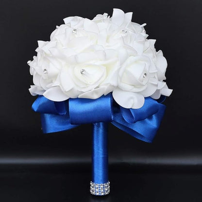 Wedding Bouquet, Royal Blue Bouquet for Bride Bridesmaid with Diamond Soft Ribbons, Artificial Rose Bridal Holding Flowers for Party Church